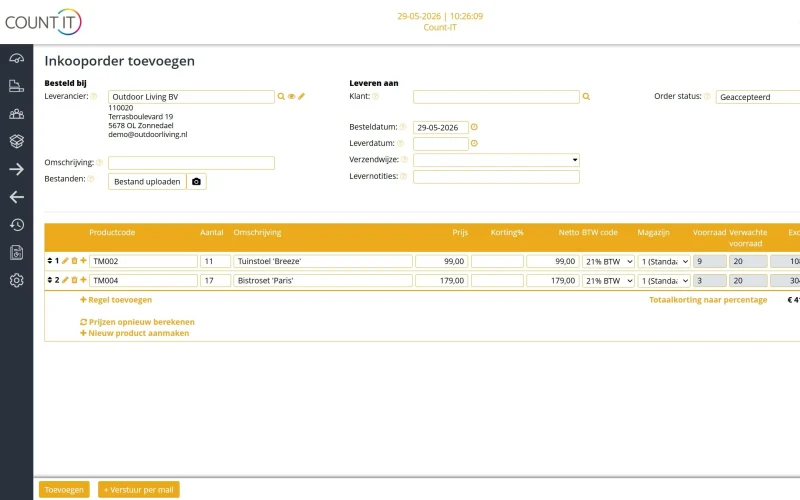 Inkooporder aanmaken en direct per mail naar de leverancier sturen.