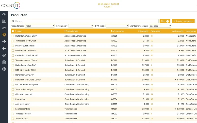 Artikelliste mit Filtern nach Warengruppe, Lieferant, MwSt.-Code und Bestand.