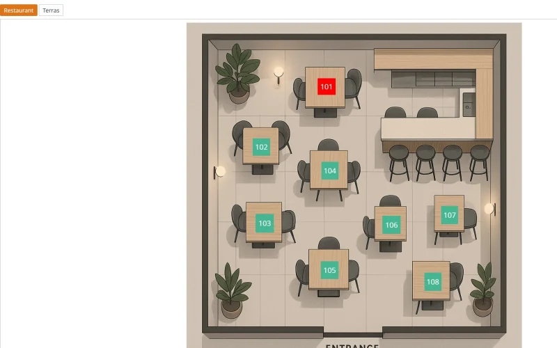 Floor plan per area, such as restaurant and terrace: pick a table with one tap.