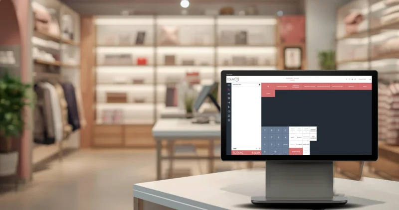 Count-IT D3 Pro auf der Theke eines Concept Stores mit dem Kassenbildschirm von Count-IT