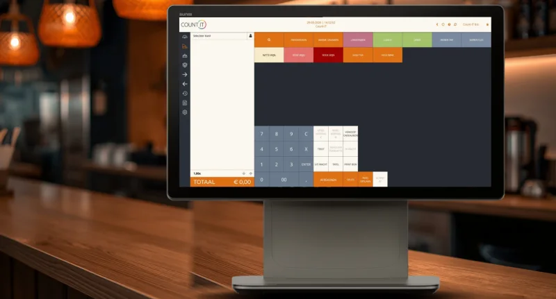 Count-IT D3 Pro op een horecabar, met het kassascherm en productgroepen voor dranken en gerechten